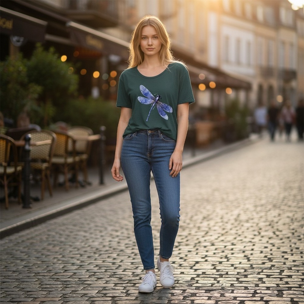 Dragonfly Graphic Tee Women Small Green Short Sleeve Scoop Neck Cotton